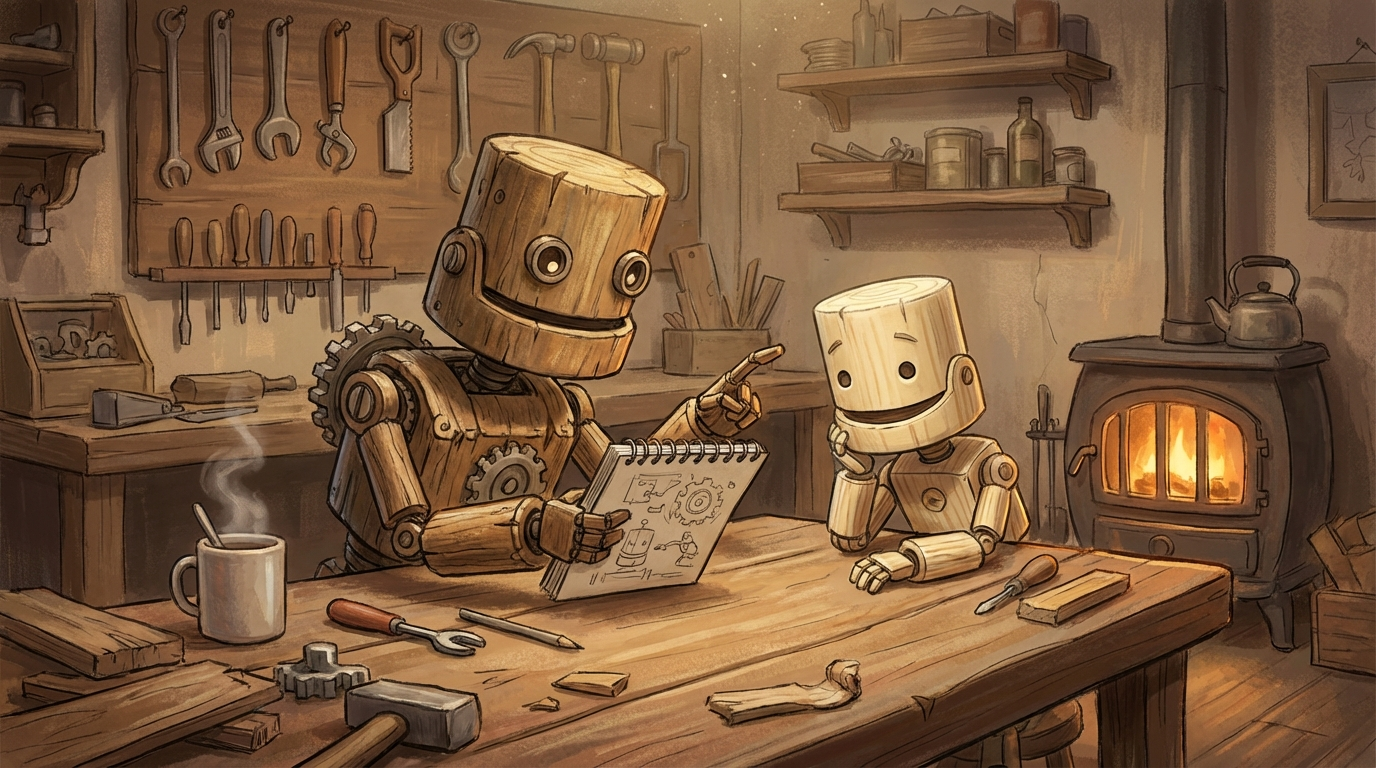 Two wooden robots teaching each other in a workshop